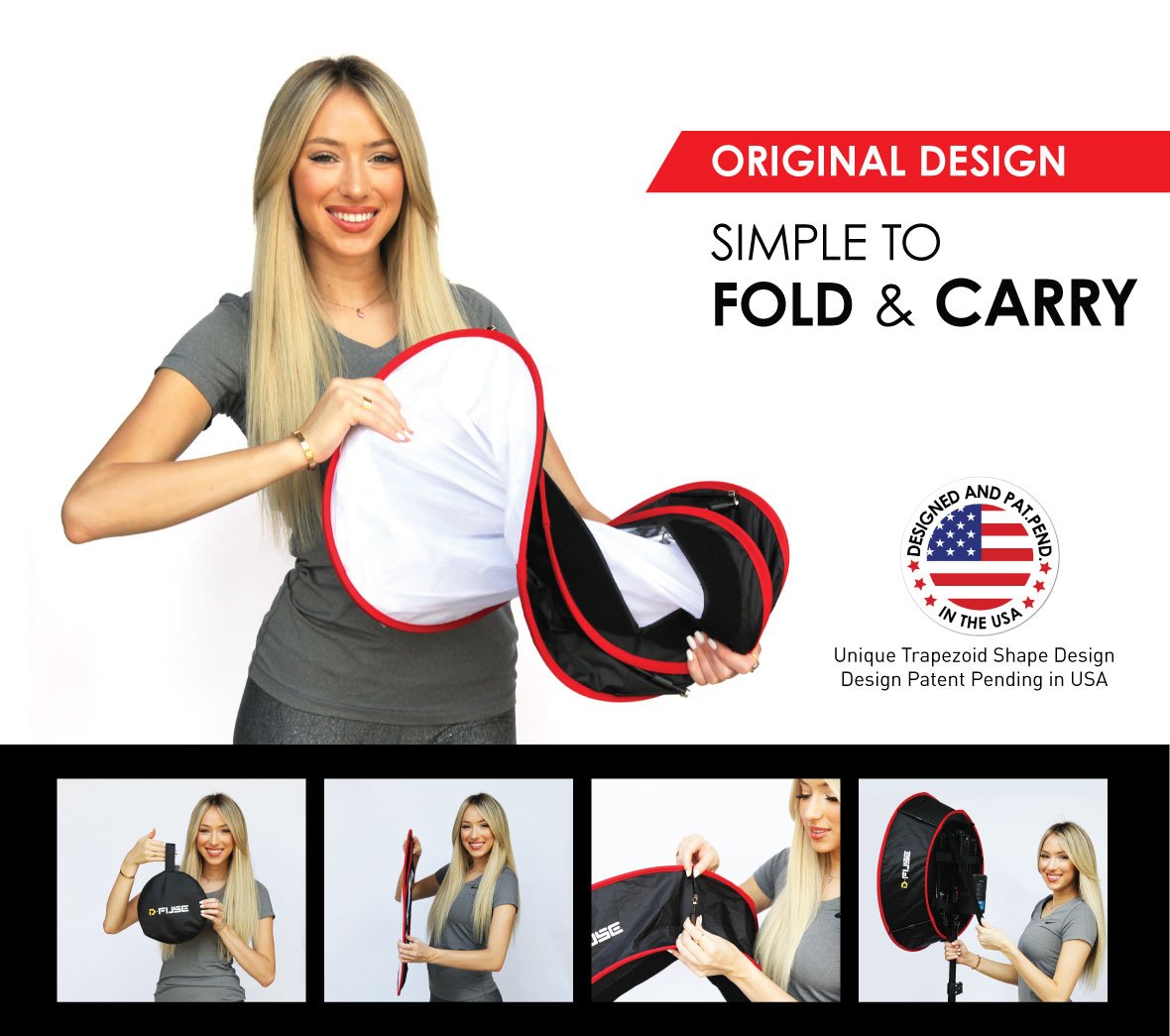 KAMERAR COLLAPSIBLE TRAPEZOID CYLINDER SOFTBOX: Carrying bulky lightboxes is a thing of the past when all you need is a D-Fuse to attach to your LED Light Panel. Imagine never having to take a bulky softbox ever again! Instead, a lightweight D-Fuse that can be carried in your bag pack is the most convenient solution.