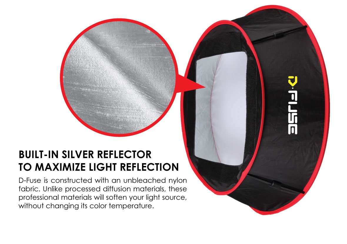KAMERAR COLLAPSIBLE TRAPEZOID CYLINDER SOFTBOX: D-Fuse is constructed with an unbleached nylon fabric. Unlike processed diffusion materials, these professional materials will soften your light source, without changing its color temperature.