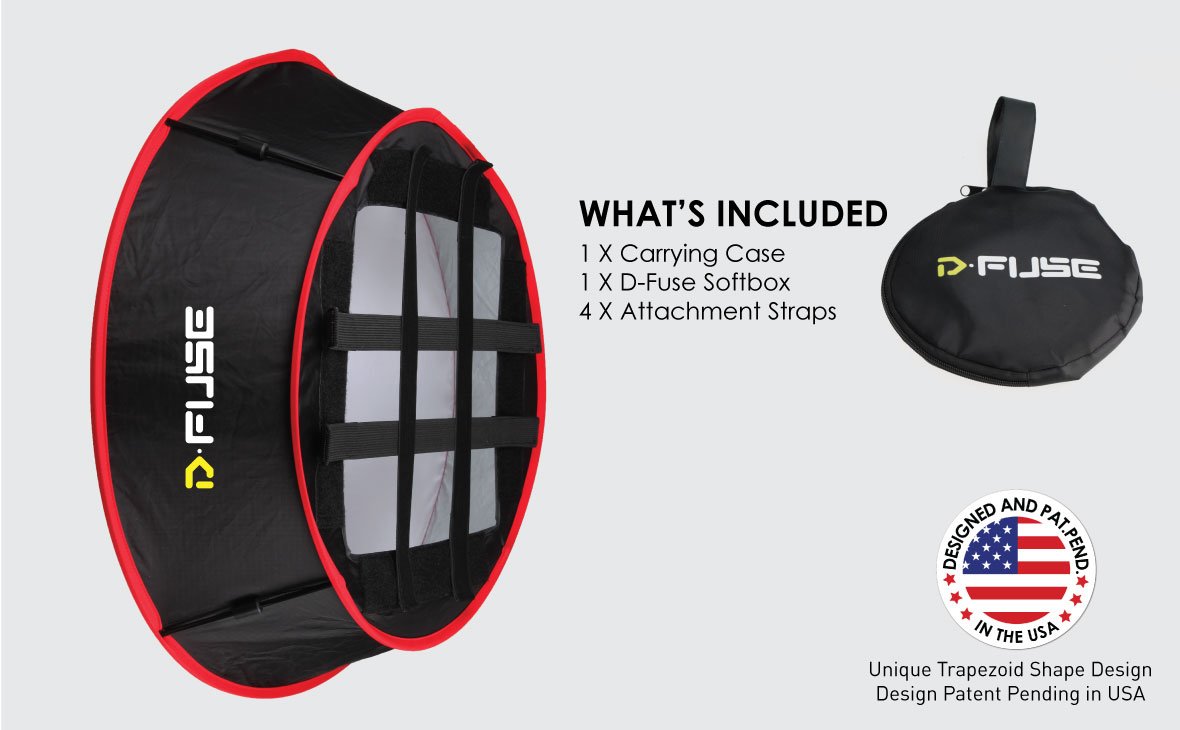 KAMERAR COLLAPSIBLE TRAPEZOID CYLINDER SOFTBOX: WHAT’S INCLUDED: 1 X Carrying Case
1 X D-Fuse Softbox
4 X Attachment Straps