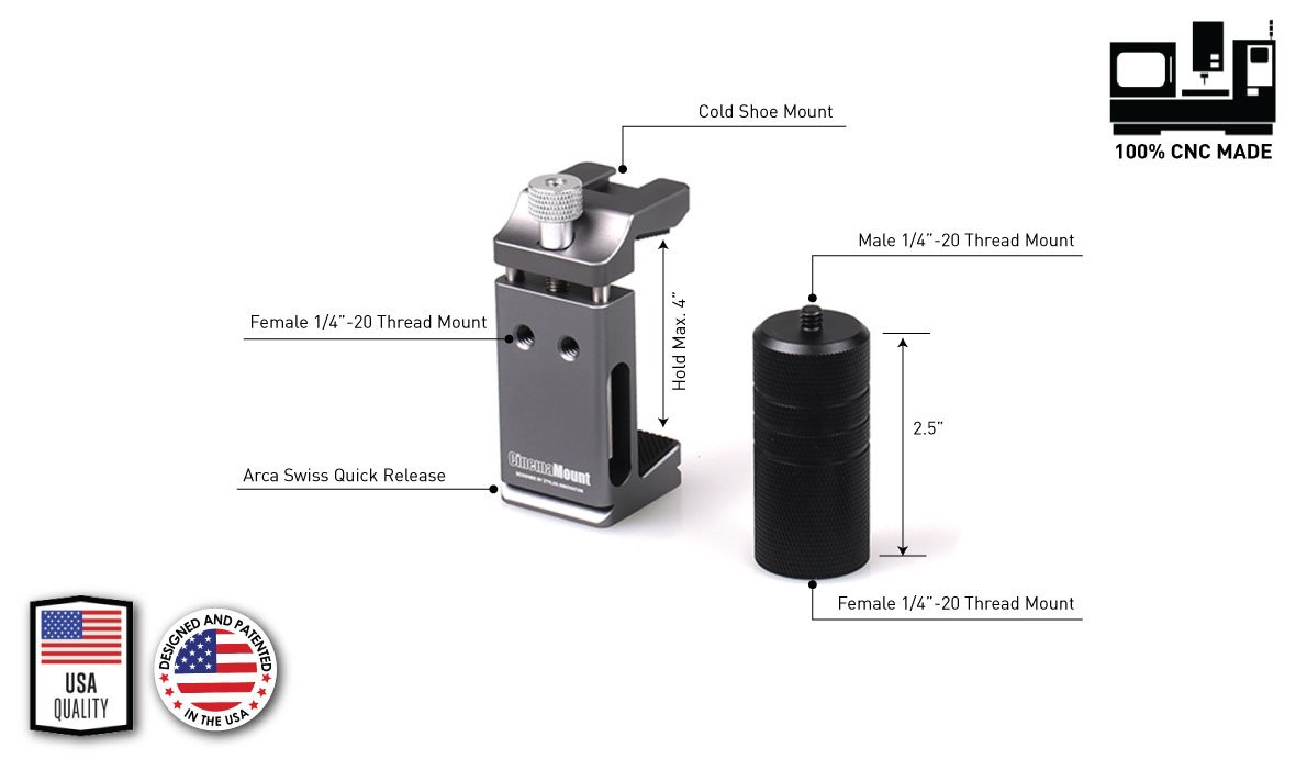 Cinema Mount Mini Smartphone Rig & Aluminum Alloy Grip Handle, Cell Phone Tripod Adapter, Standard Cold Shoe Mount and 1/4